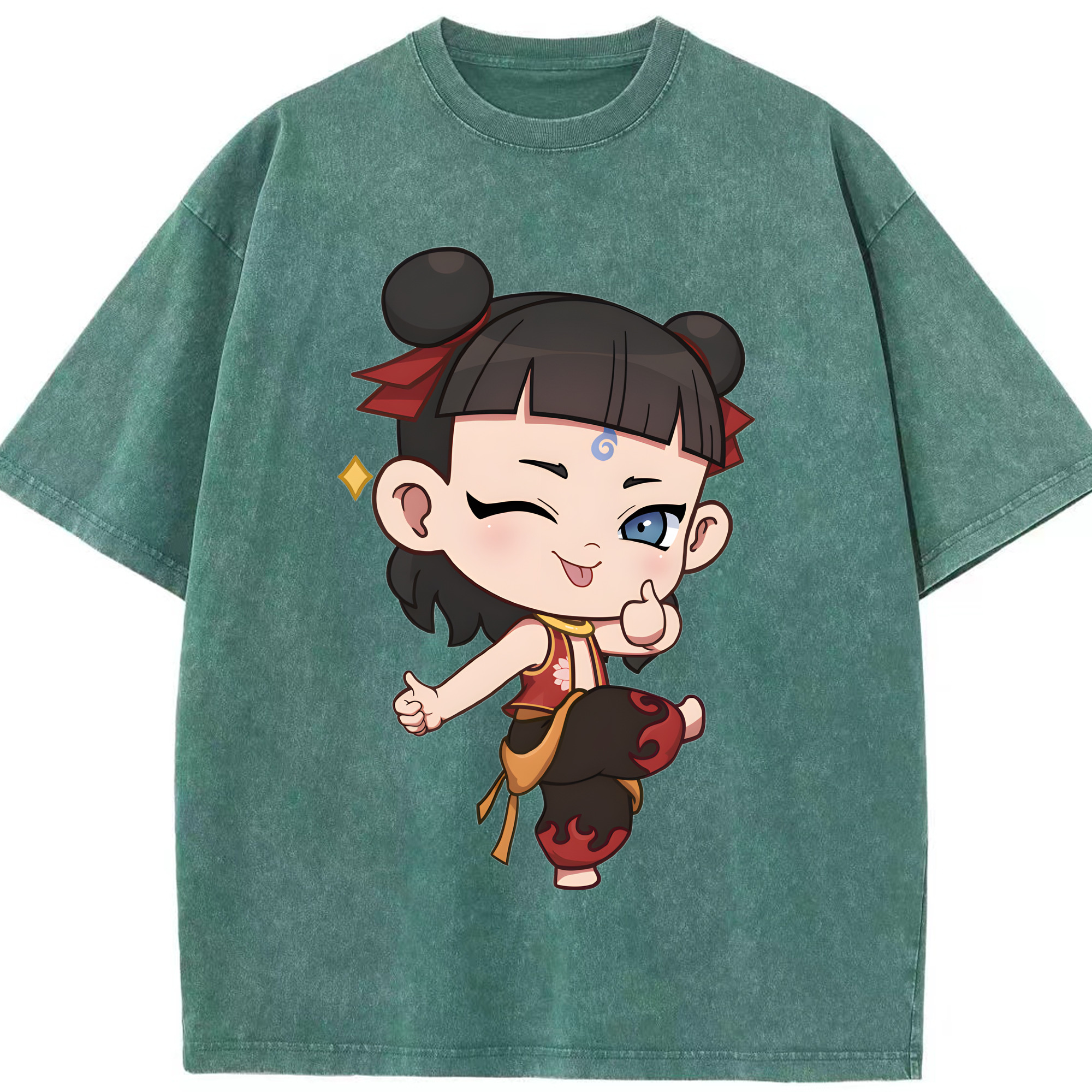 （画像用） Ne Zha 2 ナタ 魔童の大暴れ 綿100% ヴィンテージ風 半袖Tシャツ（フロントプリント）